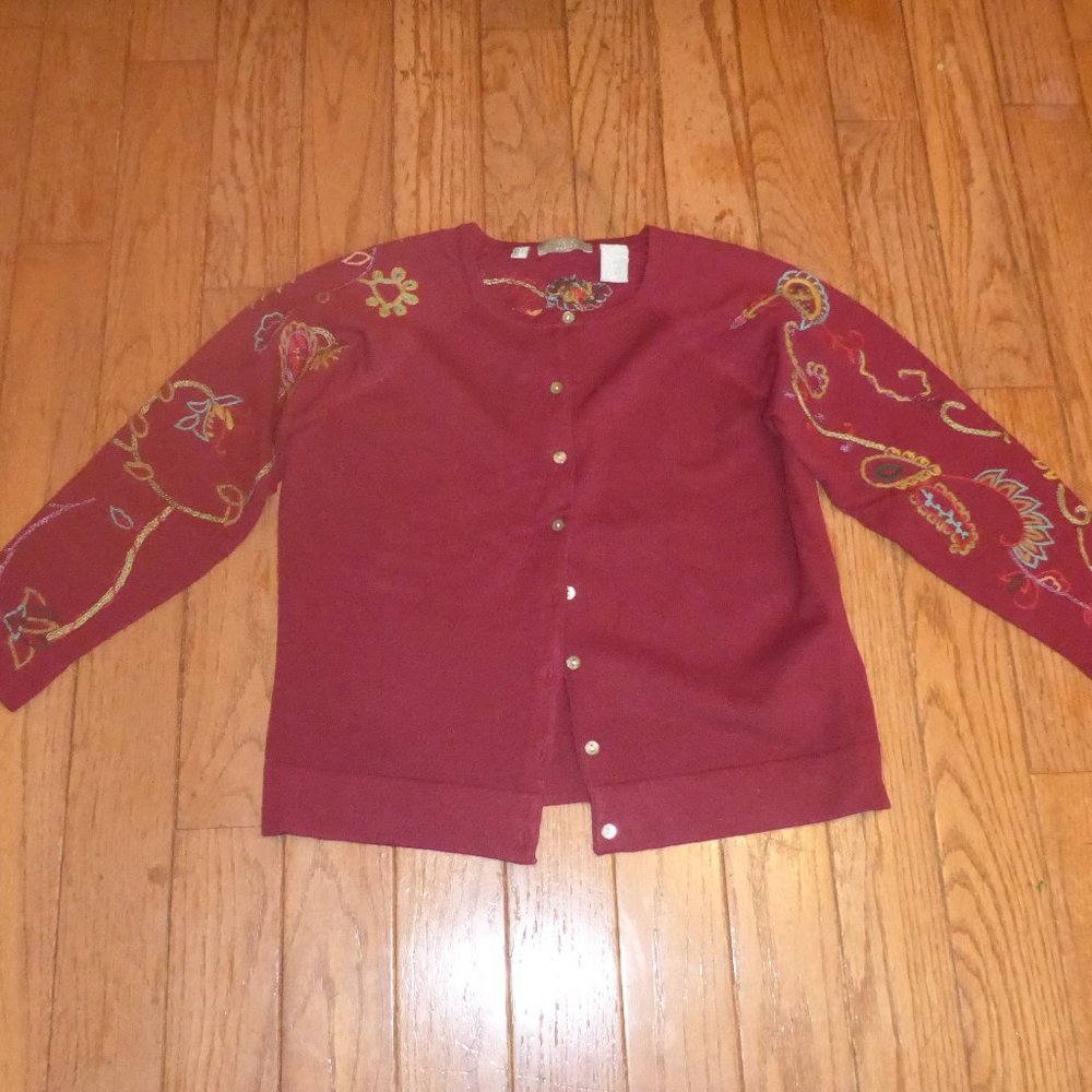Woman's Ramie Blend Cardigan Style Knit Top w/ Fun Embroidery